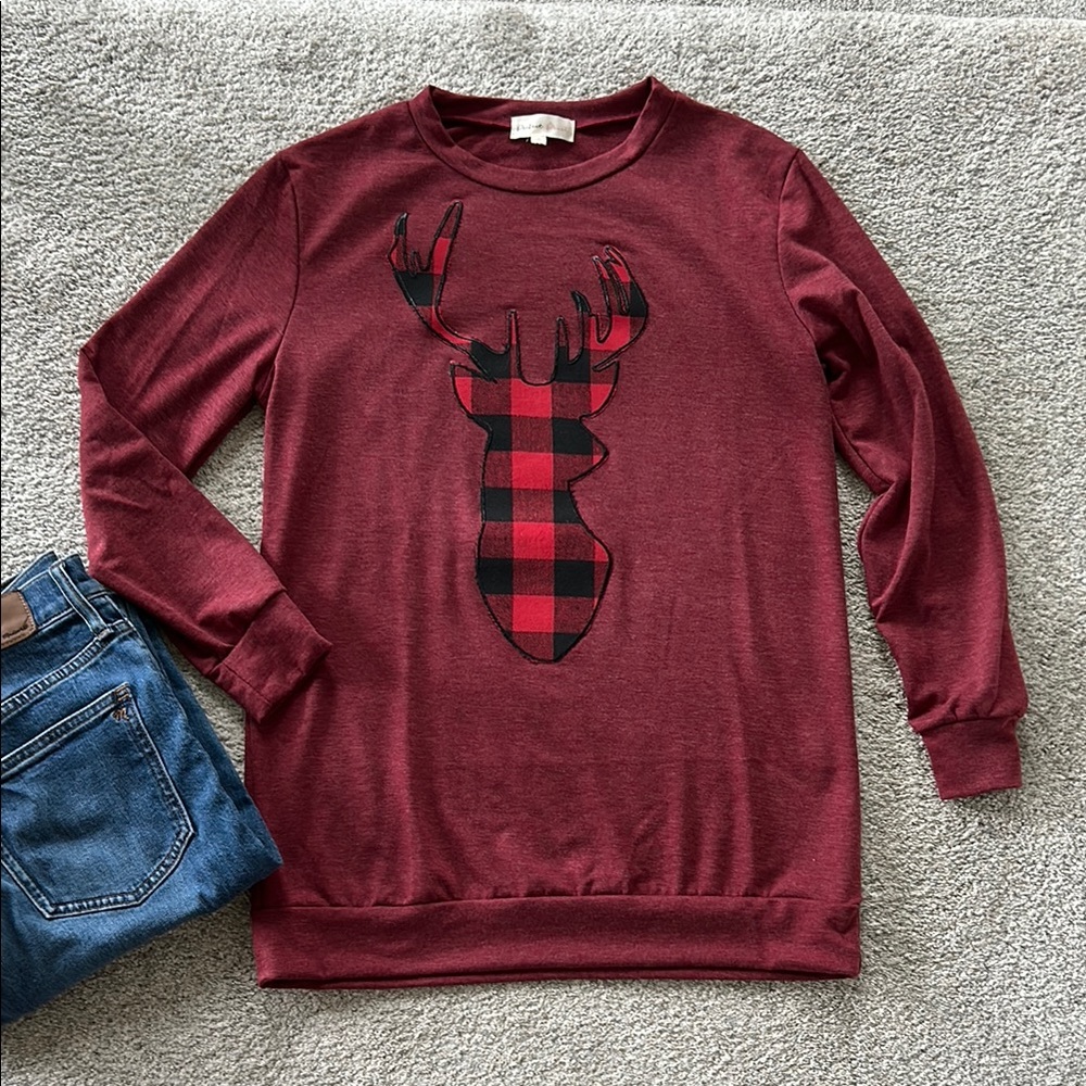 French Terry Long Sleeve Plaid Reindeer Top